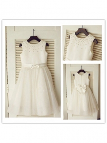 A-Line/Princess Scoop Sleeveless Bowknot Long Tulle Flower Girl Dresses