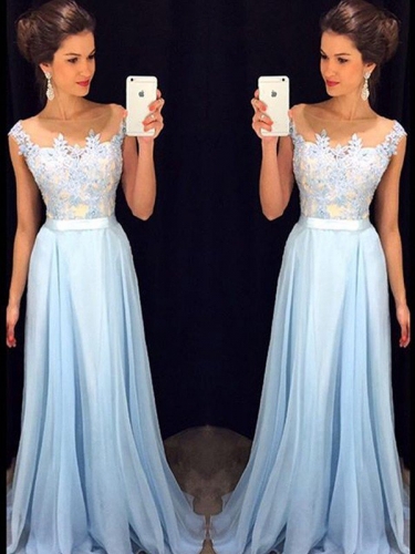 A-Line/Princess Sleeveless Sheer Neck Applique Chiffon Sweep/Brush Train Dresses