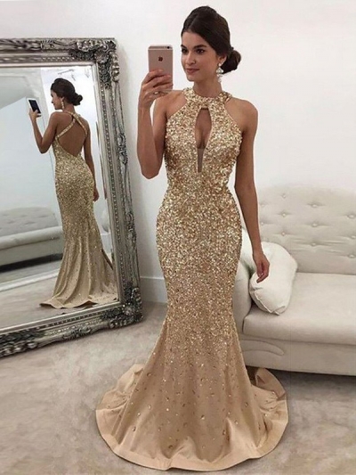 Trumpet/Mermaid Sleeveless Halter Sequin Sweep/Brush Train Satin Dresses [PO16033PO1008]