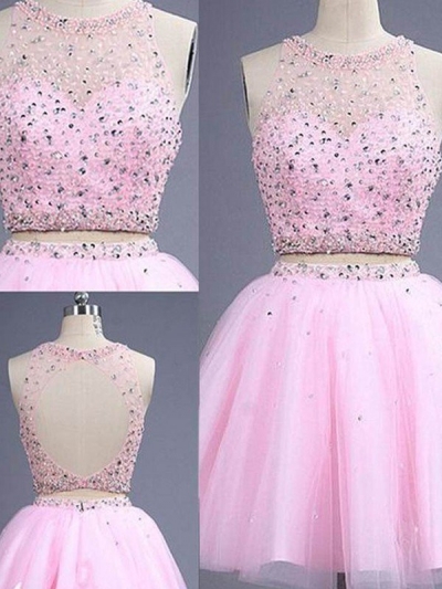 A-Line/Princess Sleeveless Scoop Short/Mini Beading Tulle Two Piece Dresses [PO16033PO380]