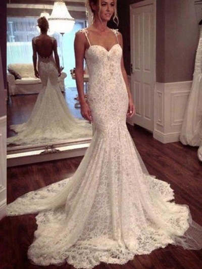 Trumpet/Mermaid Sleeveless Court Train Spaghetti Straps Lace Wedding Dresses [PO16033PO529]