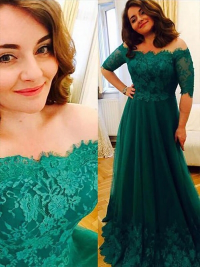 A-Line/Princess Short Sleeves Tulle Off-the-Shoulder Applique Floor-Length Plus Size Dresses [PO16033PO738]