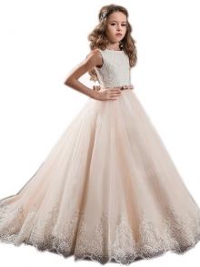 Ball Gown Jewel Sleeveless Lace Floor-Length Tulle Flower Girl Dresses