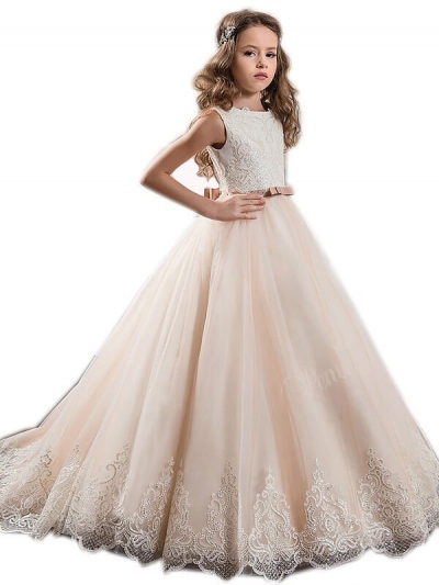 Ball Gown Jewel Sleeveless Lace Floor-Length Tulle Flower Girl Dresses [PO16033PO795]