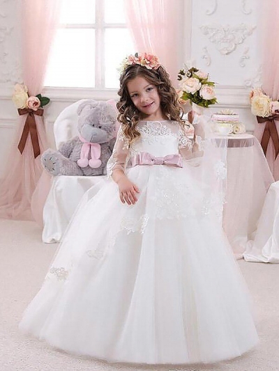 Ball Gown Jewel 1/2 Sleeves Lace Floor-Length Tulle Flower Girl Dresses [PO16033PO827]