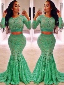 Trumpet/Mermaid Scoop Long Sleeves Lace Ruffles Sweep/Brush Train Two Piece Dresses