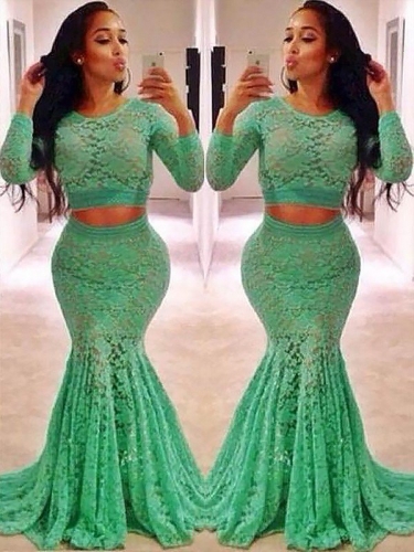 Trumpet/Mermaid Scoop Long Sleeves Lace Ruffles Sweep/Brush Train Two Piece Dresses