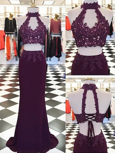 Sheath/Column Halter Applique Floor-Length Sleeveless Chiffon Two Piece Dresses [PO16044243]