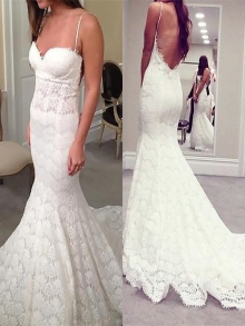 Trumpet/Mermaid Spaghetti Straps Court Train Lace Sleeveless Wedding Dresses