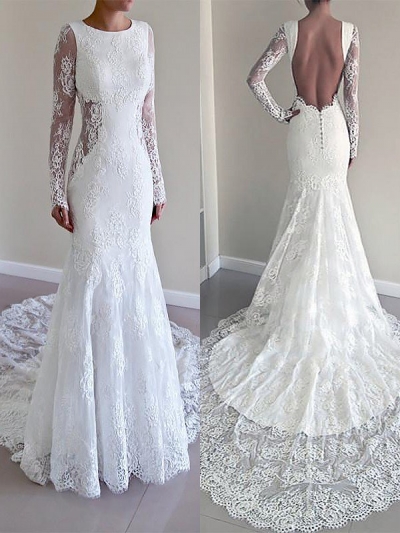 Trumpet/Mermaid Scoop Long Sleeves Court Train Lace Wedding Dresses