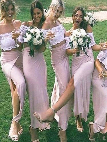 Sheath/Column Jersey Off-the-Shoulder Floor-Length Short Sleeves Bridesmaid Dresses