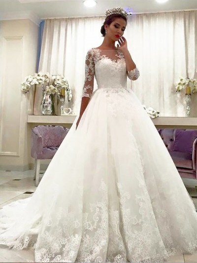 Ball Gown Tulle 3/4 Sleeves Bateau Lace Court Train Wedding Dresses [PON1506EV952]