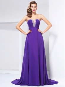 A-Line/Princess Sweetheart Sleeveless Beading Ruched Long Chiffon Dresses