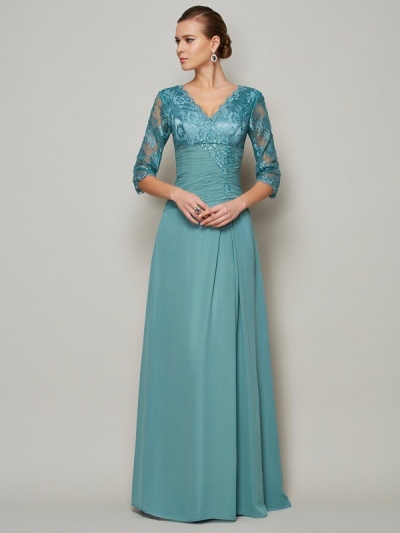 A-Line/Princess V-neck 3/4 Sleeves Lace Long Chiffon Mother of the Bride Dresses [40124]