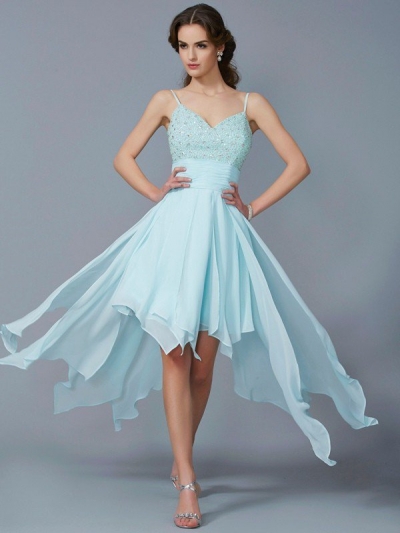 A-Line/Princess Spaghetti Straps Sleeveless Beading High Low Chiffon Homecoming Dresses [40209]