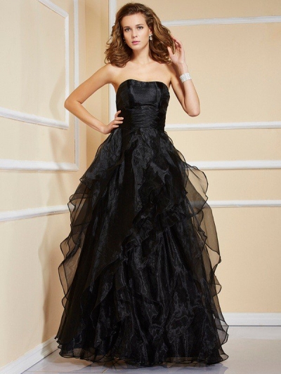 A-Line/Princess Strapless Sleeveless Ruffles Long Organza Dresses