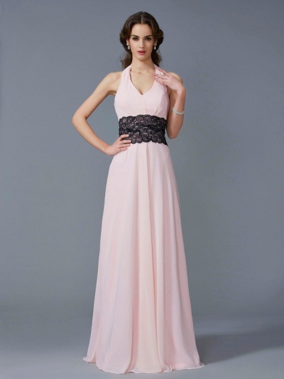 A-Line/Princess Halter Sleeveless Applique Long Chiffon Dresses [40423]