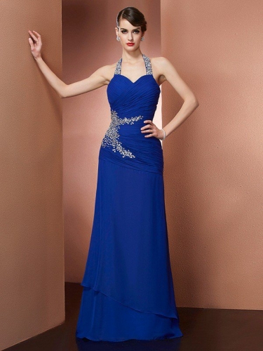 Sheath/Column Halter Sleeveless Beading Long Chiffon Dresses