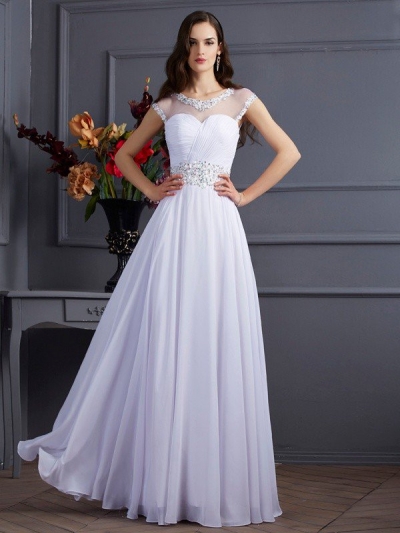 A-Line/Princess Bateau Short Sleeves Beading Long Chiffon Dresses [40689]