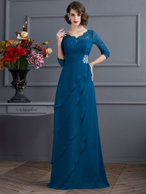 A-Line/Princess V-neck 3/4 Sleeves Long Chiffon Mother of the Bride Dresses