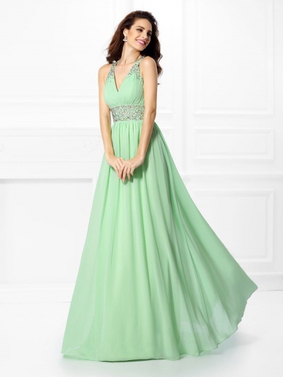 A-Line/Princess V-neck Beading Sleeveless Long Chiffon Dresses [50056]