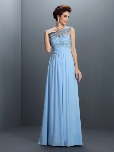 A-Line/Princess Bateau Applique Sleeveless Long Chiffon Dresses [50057]