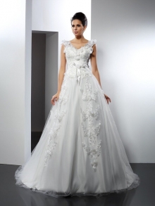 A-Line/Princess Straps Lace Sleeveless Long Satin Wedding Dresses