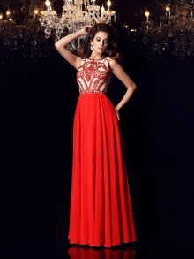 A-Line/Princess Scoop Beading Sleeveless Long Chiffon Dresses