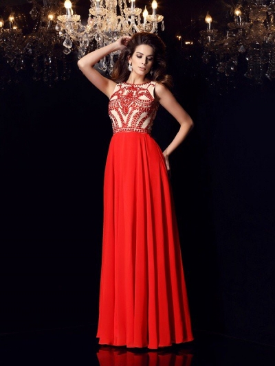 A-Line/Princess Scoop Beading Sleeveless Long Chiffon Dresses [50317]