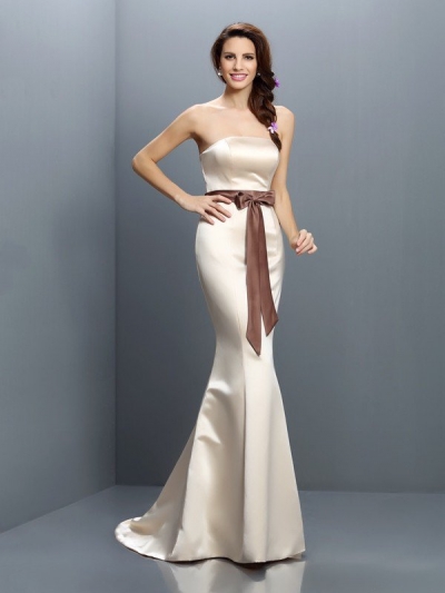 Trumpet/Mermaid Strapless Sash/Ribbon/Belt Sleeveless Long Satin Bridesmaid Dresses