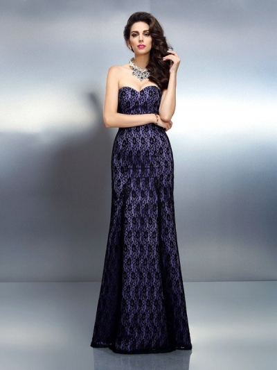 Trumpet/Mermaid Sweetheart Lace Sleeveless Long Satin Dresses [50543]