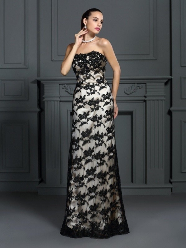 Sheath/Column Strapless Lace Sleeveless Long Elastic Woven Satin Dresses