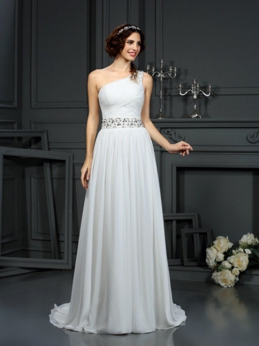 A-Line/Princess One-Shoulder Beading Sleeveless Long Chiffon Wedding Dresses