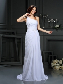 A-Line/Princess One-Shoulder Pleats Sleeveless Long Chiffon Wedding Dresses