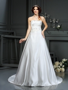 A-Line/Princess Strapless Beading Sleeveless Long Satin Wedding Dresses