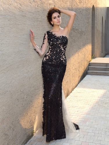 Sheath/Column One-Shoulder Sequin Long Sleeves Long Lace Dresses