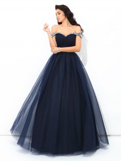 Ball Gown Off-the-Shoulder Beading Sleeveless Long Net Quinceanera Dresses [60203]