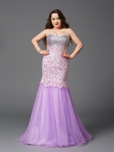 Trumpet/Mermaid Sweetheart Beading Sleeveless Long Net Plus Size Dresses