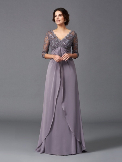 A-Line/Princess V-neck Lace 3/4 Sleeves Long Chiffon Mother of the Bride Dresses