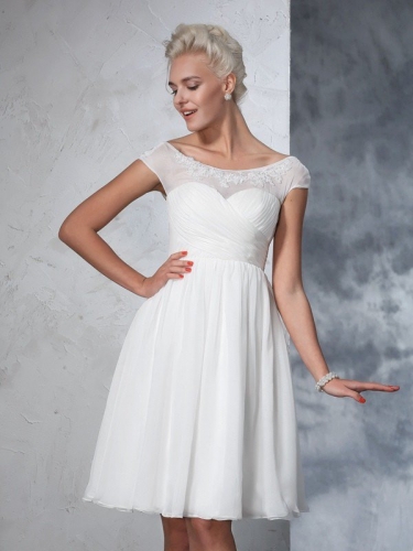 A-Line/Princess Sheer Neck Ruched Short Sleeves Short Chiffon Wedding Dresses