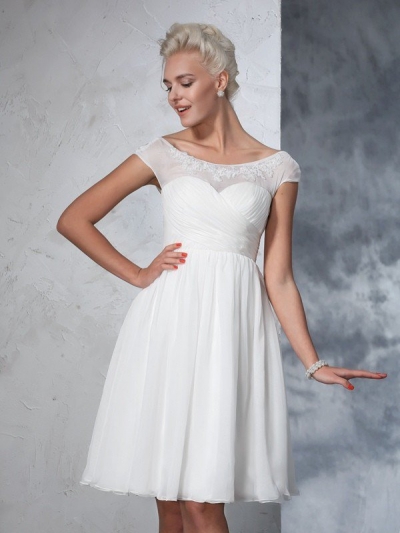 A-Line/Princess Sheer Neck Ruched Short Sleeves Short Chiffon Wedding Dresses [60645]