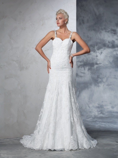 Trumpet/Mermaid Spaghetti Straps Lace Sleeveless Long Lace Wedding Dresses [60649]