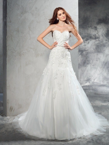 Sheath/Column Sweetheart Applique Sleeveless Long Satin Wedding Dresses