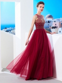 A-Line/Princess Scoop Sleeveless Floor-Length Beading Tulle Dresses