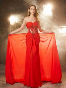 Sheath/Column One-Shoulder Sleeveless Sweep/Brush Train Beading Chiffon Dresses