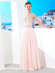 A-Line/Princess Scoop Sleeveless Chiffon Crystal Floor-length Dresses