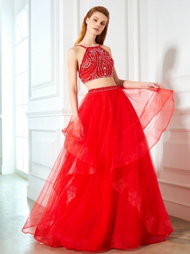 A-Line/Princess Spaghetti Straps Sleeveless Floor-Length Beading Tulle Two Piece Dresses