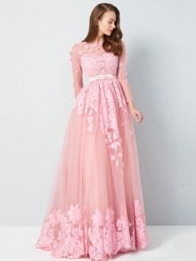 A-Line/Princess Scoop 3/4 Sleeves Floor-Length Applique Tulle Dresses