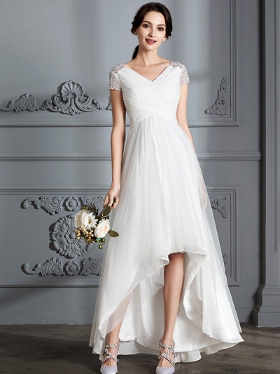 A-Line/Princess V-neck Short Sleeves Asymmetrical Tulle Wedding Dresses [71006]