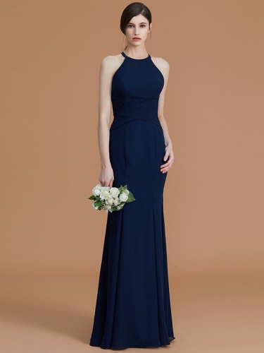 Trumpet/Mermaid Halter Sleeveless Floor-Length Ruched Chiffon Bridesmaid Dresses